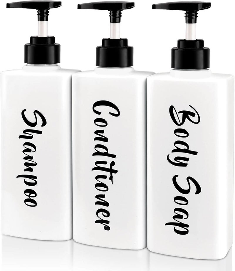 AUMIO 16.9oz Shampoo Conditioner Body Wash Dispenser for Shower, Refillable Printed Soap Bottles with Pump, Empty Plastic Bathroom Dispenser Set for Shampoo, Conditioner & Soap (White, 3 Pack) - Image 1